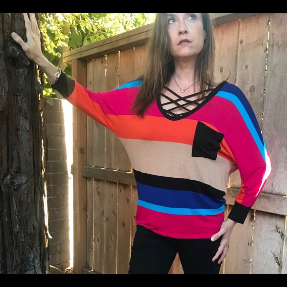 Bordeaux Tops - A1 Bordeaux S/P Stripped V-Neck Knit